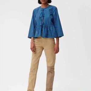 GANNI Striped Organic Cotton Peplum Blouse Blue Burgundy Tie Front Top Size 34